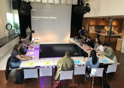 Creative offsite meeting space with art and tables