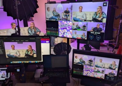 Professional live stream studio with cameras and lighting.